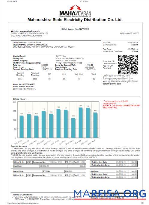 Printable INDIA MAHARASHTRA ELETRICITY utility bill Word and PDF template